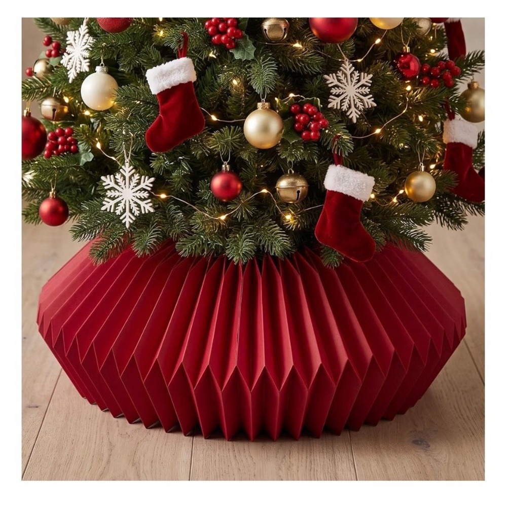 26in Red Foldable Christmas Tree Collar Accordion Style Holiday Decor Tree Skirt